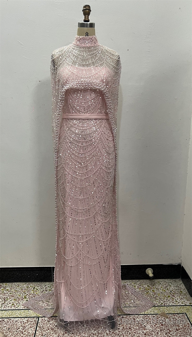 Pearl Pink Beading Prom Dresses Sweep Train High Neck Zipper Sleeveless Evening Dresses Main image