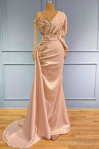 Pearl Pink Long Sleeves Ruched Beading Trumpet Mermaid Prom Dress