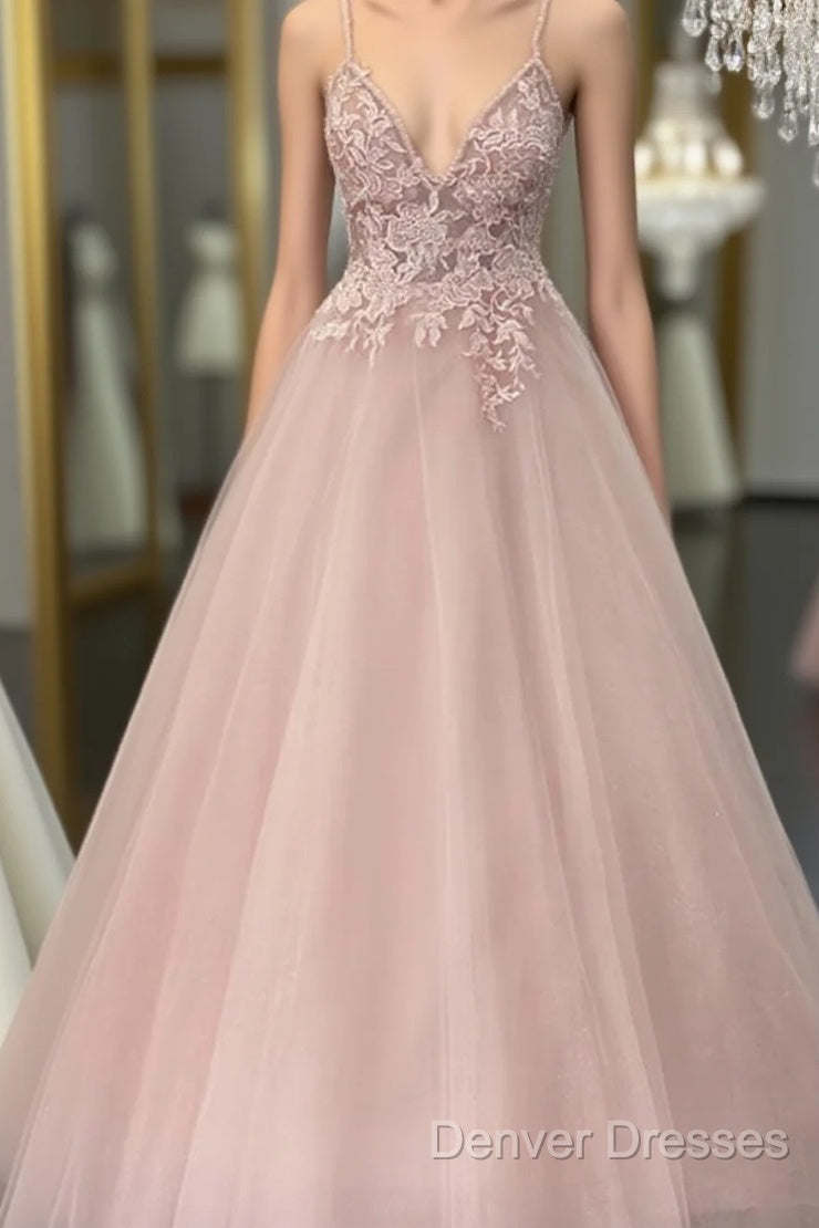 Pearl Pink Tulle Prom Dress V Neck Appliques