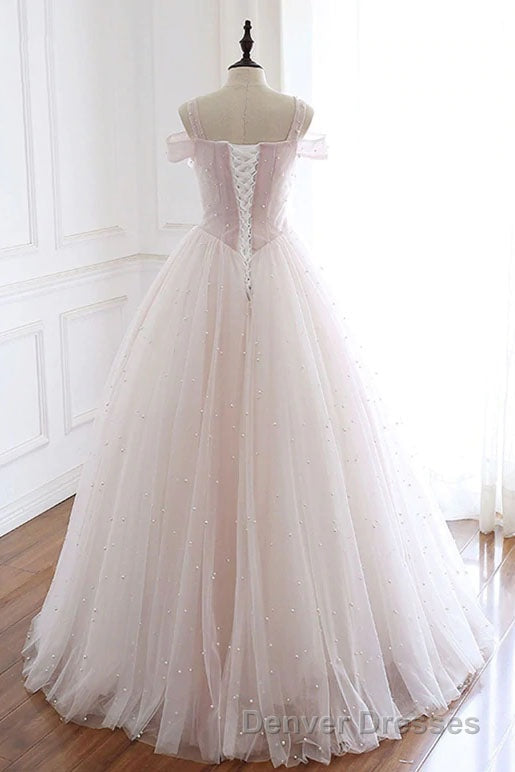 Pearl Pink Straps A Line Tulle Long Prom Dress with Pearls, Long Formal Gown Secondary image