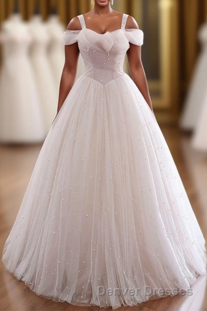 Pearl Pink Straps A Line Tulle Long Prom Dress with Pearls, Long Formal Gown