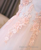 Light Pink Lace Off Shoulder Lonng Prom Dress, Pink Evening Dress