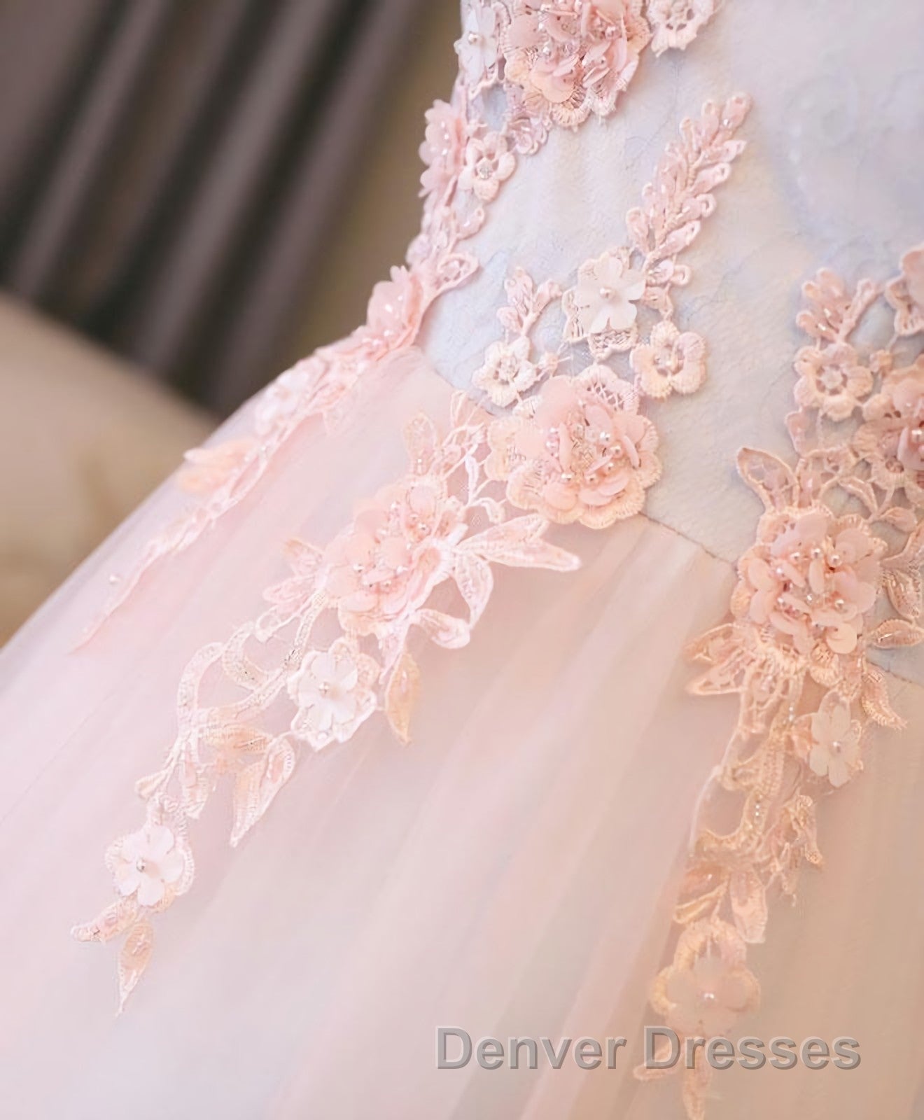 Light Pink Lace Off Shoulder Lonng Prom Dress, Pink Evening Dress