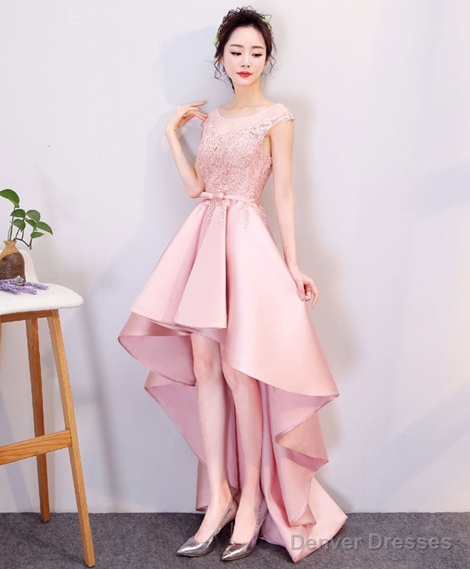 Pink High Low Lace Prom Dress, Pink Formal Bridesmaid Dress Main image