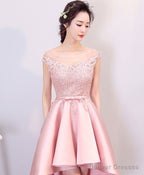 Pink High Low Lace Prom Dress, Pink Formal Bridesmaid Dress