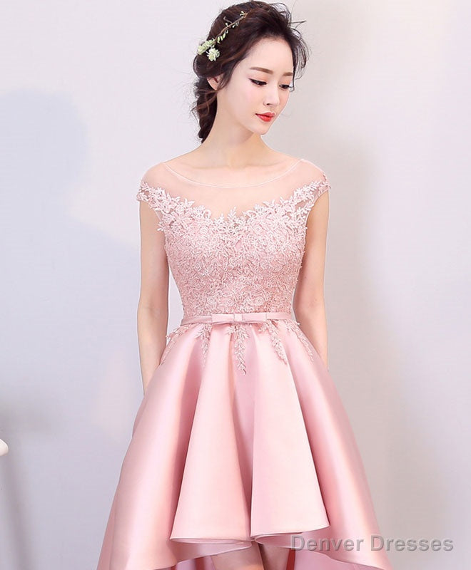 Pink High Low Lace Prom Dress, Pink Formal Bridesmaid Dress