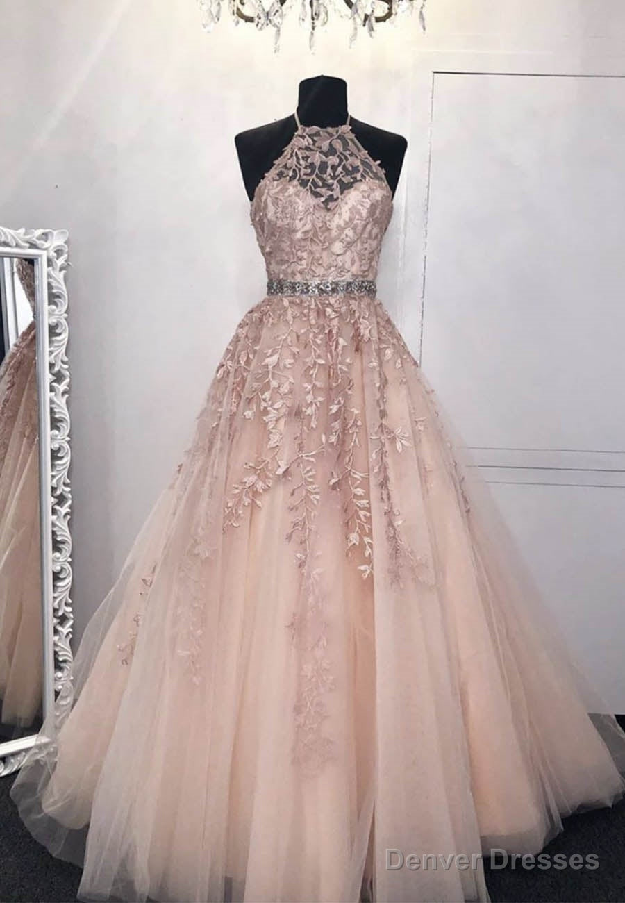 Pink Lace Long Prom Dresses, A-Line Formal Graduation Dresses Main image