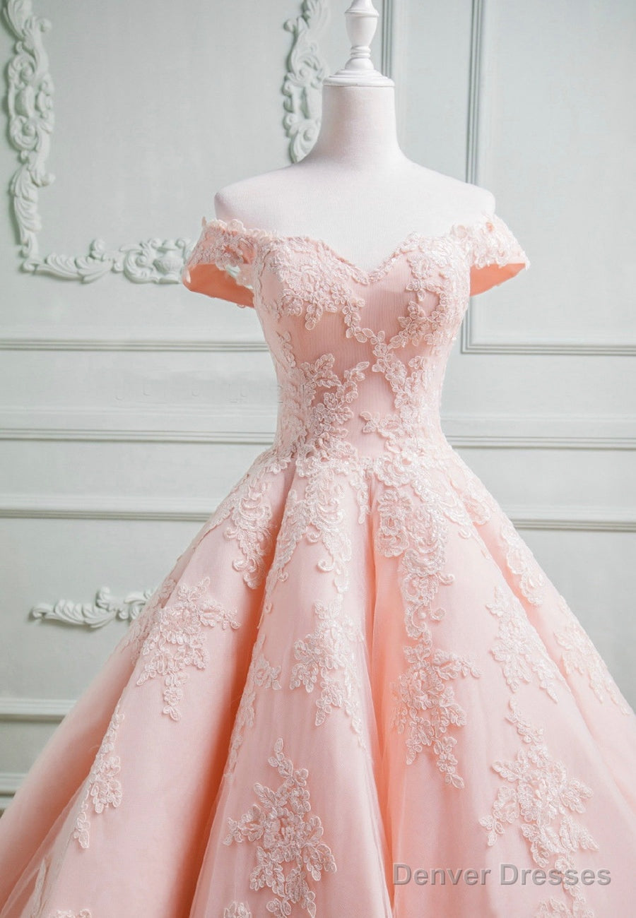 Pink Lace Long A-Line Prom Dresses, Off the Shoulder Evening Dresses Secondary image