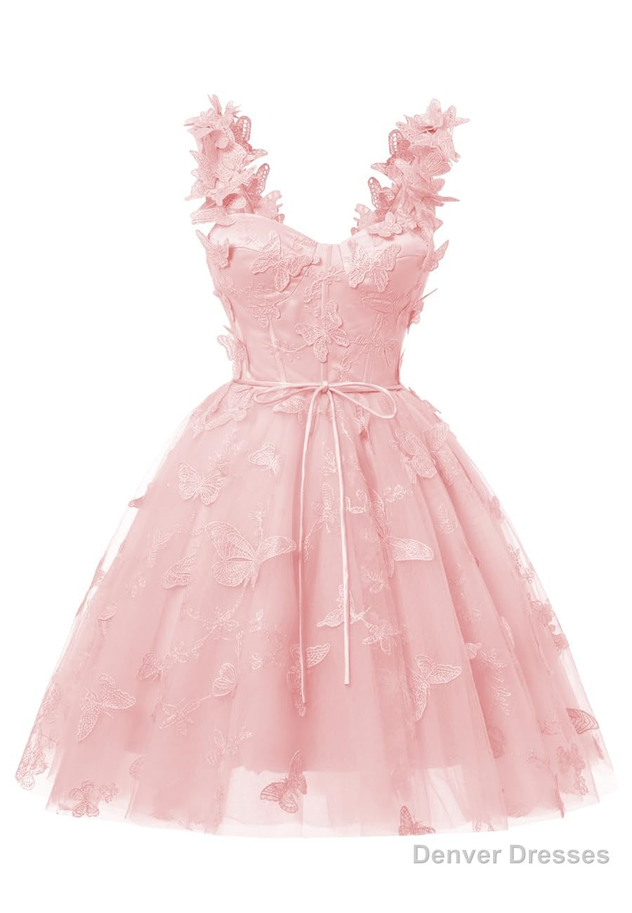 Pink 3D Butterfly Lace Applique Tulle Homecoming Dress for Teens Sweetheart Mini Short Prom Dresses Secondary image