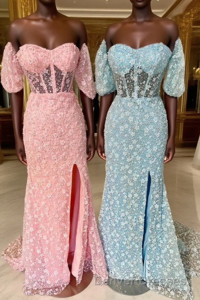 Pink 3D Floral Lace Sweetheart Mermaid Long Prom Dress with Slit Main image