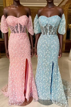 Pink 3D Floral Lace Sweetheart Mermaid Long Prom Dress with Slit