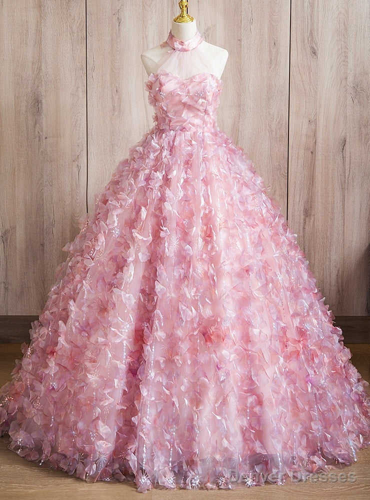 Pink 3D Flower Halter Quinceanera Dress Main image