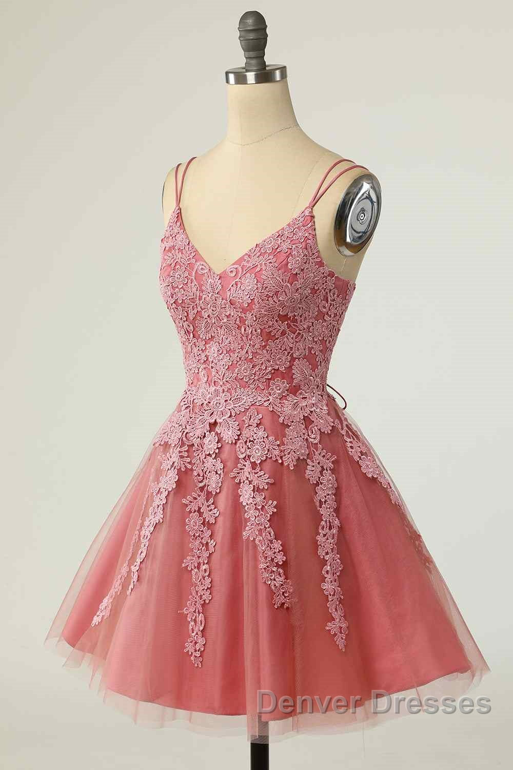 Pink A-line Double Straps V Neck Lace-Up Applique Mini Homecoming Dress Secondary image