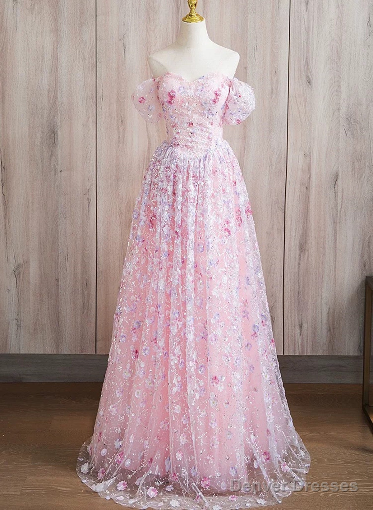 Pink A-line Off Shoulder Lace Floor Length Party Dress, Pink Lace Prom Dress Main image