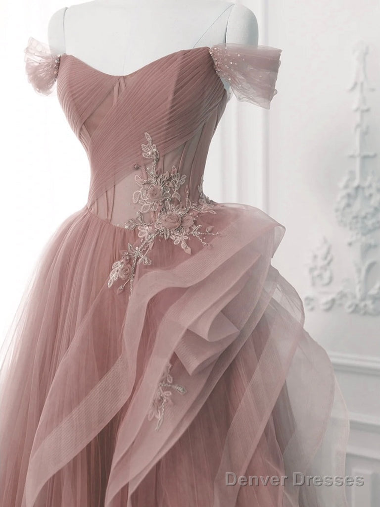 Pink A-Line Off Shoulder Long Prom Dress, Pink Lace Long Evening Dress Secondary image