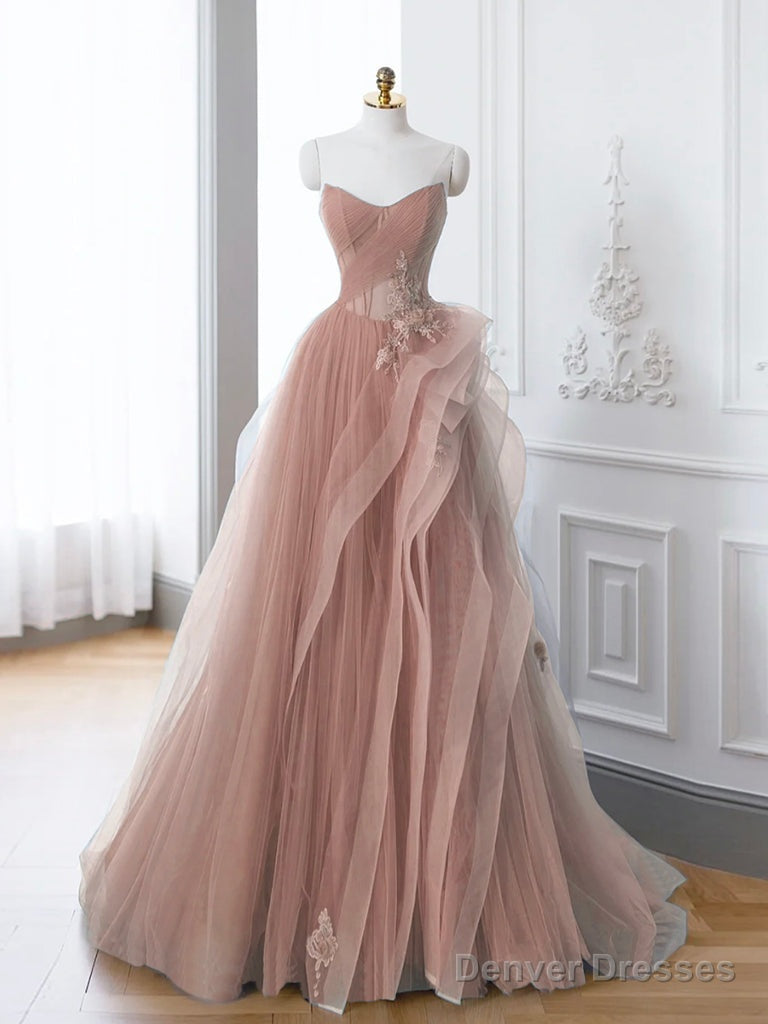 Pink A-Line Off Shoulder Long Prom Dress, Pink Lace Long Evening Dress Main image