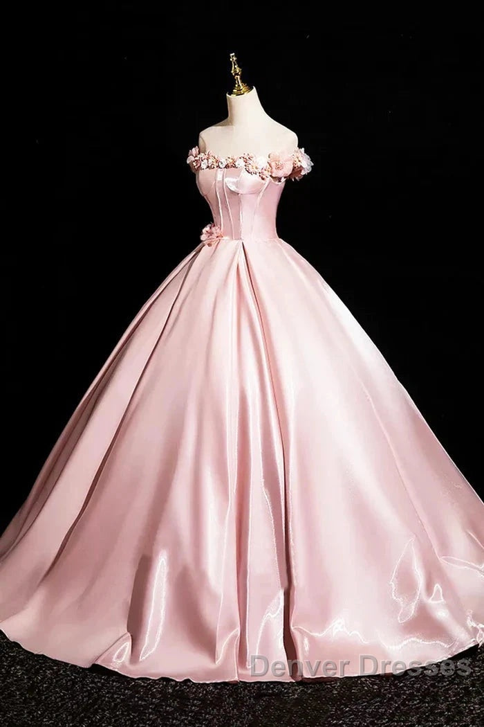 Pink A-Line Off Shoulder Satin Long Prom Dress, Beautiful A-Line Off The Shoulder Party Dress