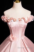 Pink A-Line Off Shoulder Satin Long Prom Dress, Beautiful A-Line Off The Shoulder Party Dress