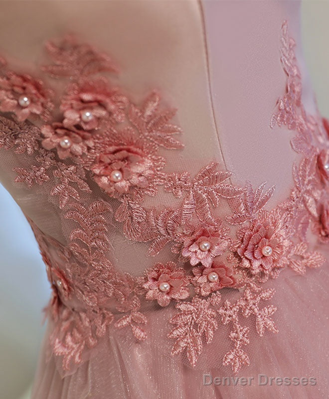 Pink A Line Off Shoulder Tea Length Prom Dress, Lace Homecoming Dresses Secondary image