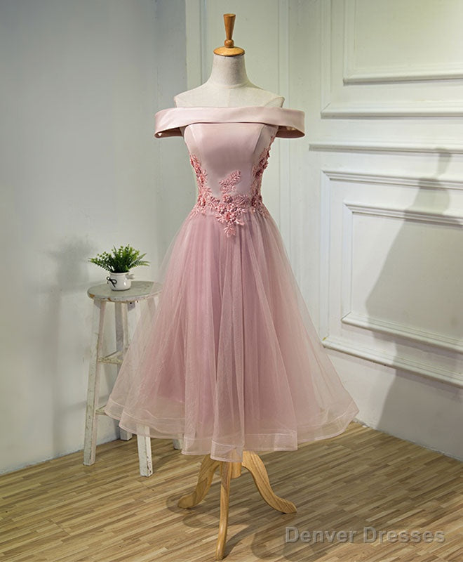 Pink A Line Off Shoulder Tea Length Prom Dress, Lace Homecoming Dresses Main image