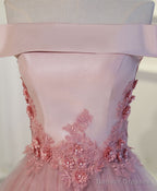 Pink A Line Off Shoulder Tea Length Prom Dress, Lace Homecoming Dresses