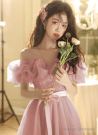 Pink A-line Off Shoulder Tulle Party Dress, Pink Tulle Prom Dress