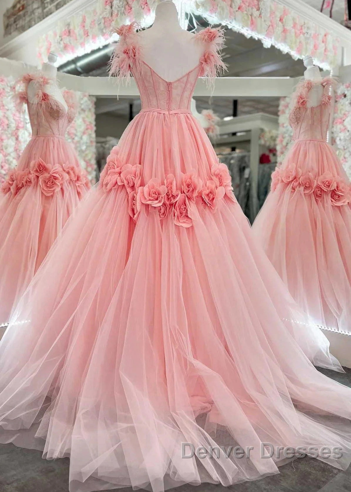 Pink A-Line Off The Shoulder Lace Tulle Long Prom Dress, Sweet 16 Dress Secondary image