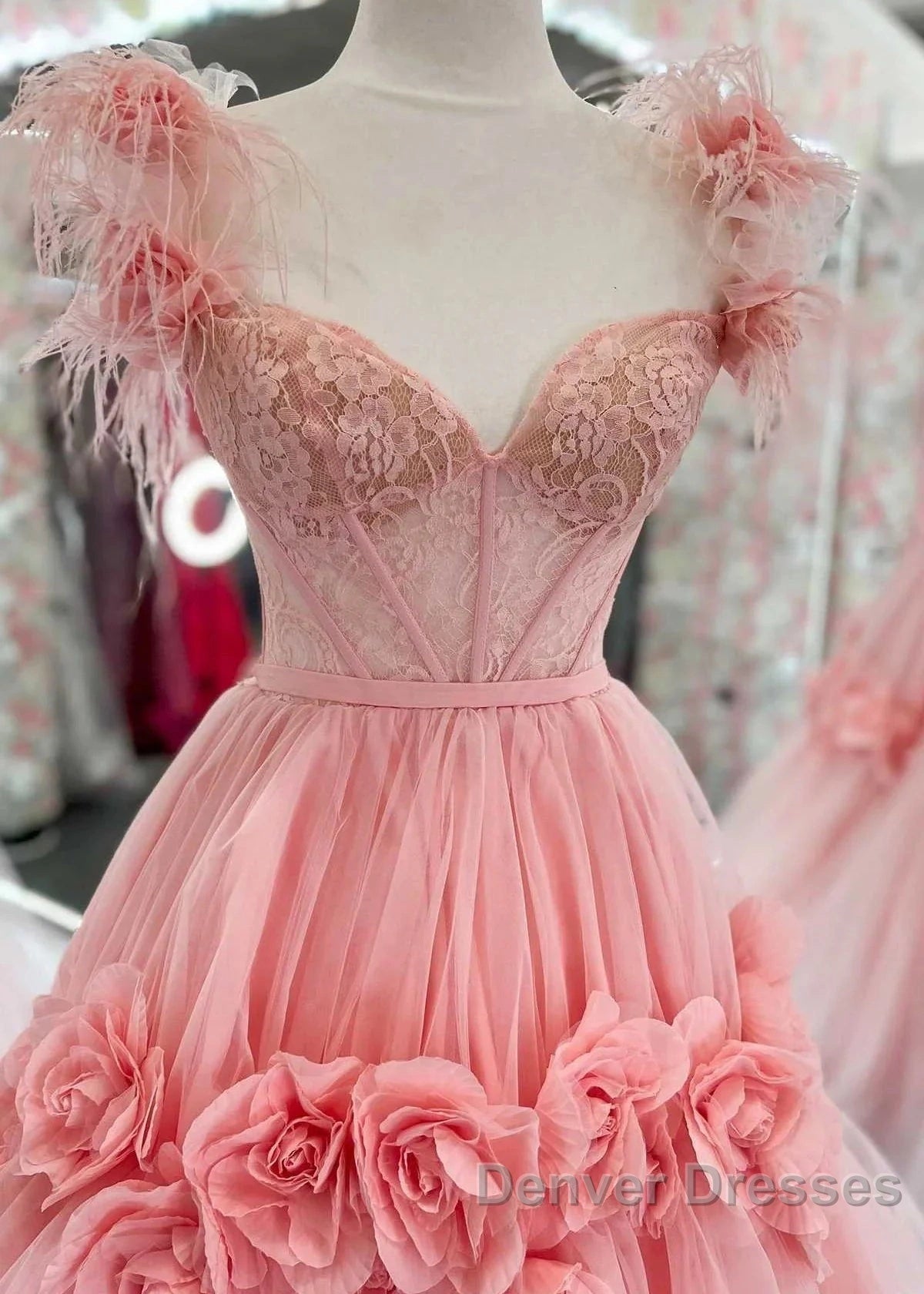 Pink A-Line Off The Shoulder Lace Tulle Long Prom Dress, Sweet 16 Dress