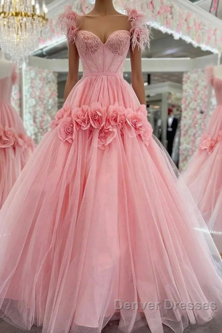 Pink A-Line Off The Shoulder Lace Tulle Long Prom Dress, Sweet 16 Dress Main image