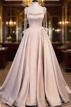 Pink A Line Satin Long Prom Dress Formal Evening Dress