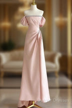 Pink A-Line Satin Long Prom Dress, Off Shoulder Pink Long Evening Dress