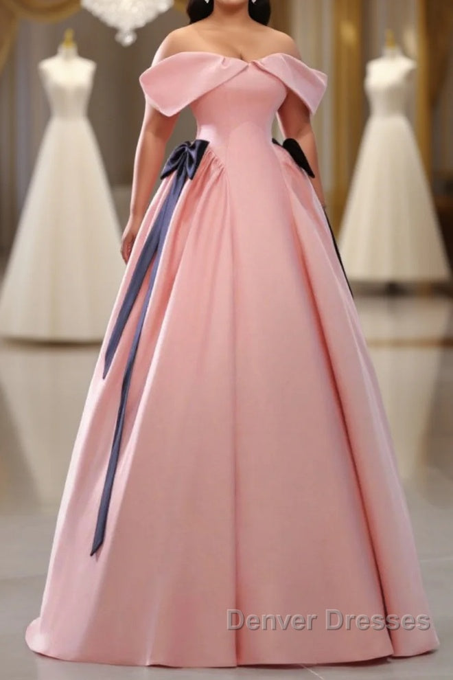 Pink A-Line Satin Off Shoulder Long Prom Dress, Pink Formal Evening Dress Main image