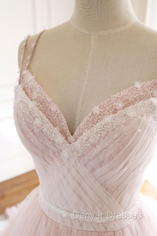 Pink A Line Spaghetti Strap Tulle Beaded Long Prom Dress Sweet Applique Wedding Dress