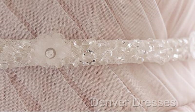 Pink A Line Spaghetti Strap Tulle Beaded Long Prom Dress Sweet Applique Wedding Dress
