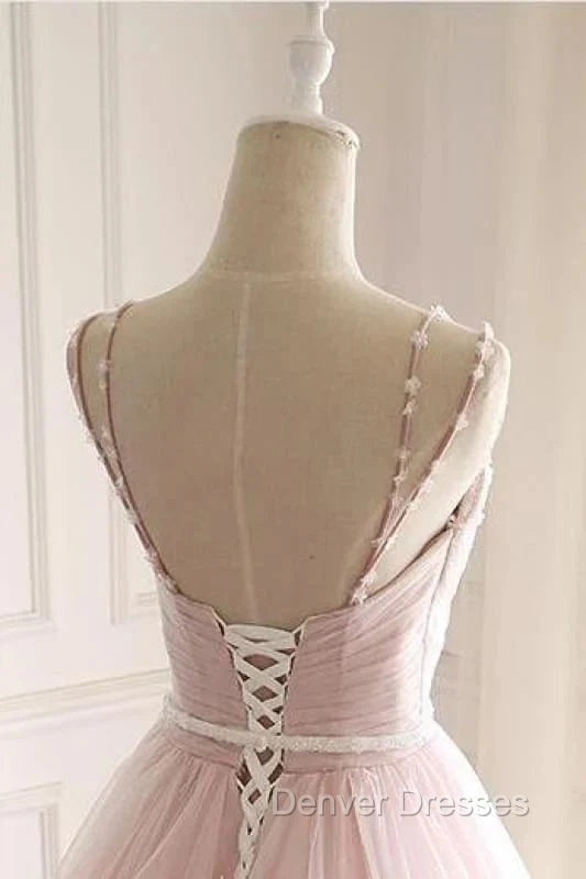 Pink A Line Spaghetti Strap Tulle Beaded Long Prom Dress Sweet Applique Wedding Dress