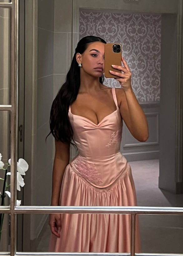 Pink A Line Spaghetti Straps Appliques Satin Long Prom Dress Evening Dress Secondary image