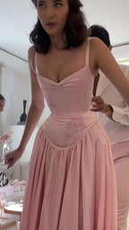 Pink A Line Spaghetti Straps Appliques Satin Long Prom Dress Evening Dress