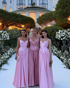 Pink A Line Spaghetti Straps Appliques Satin Long Prom Dress Evening Dress