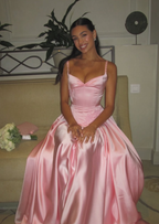 Pink A Line Spaghetti Straps Appliques Satin Long Prom Dress Evening Dress
