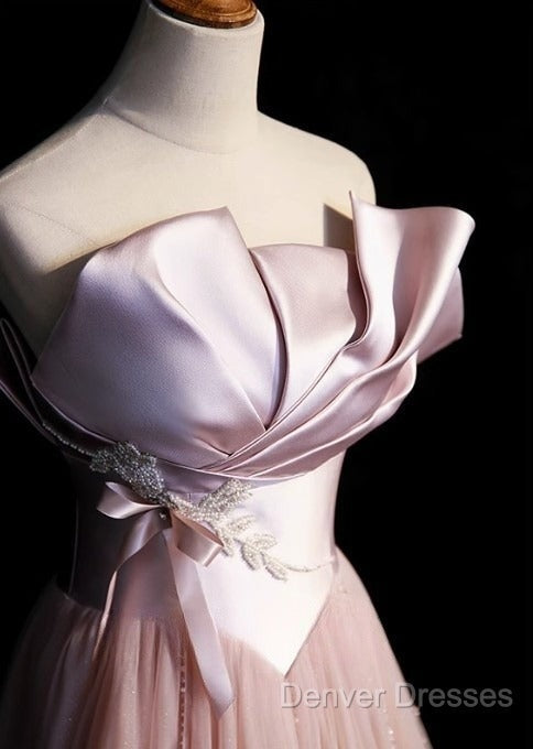 Pink A-Line Strapless Satin Tulle Long Prom Dress Graduation Prom Birthday Dress