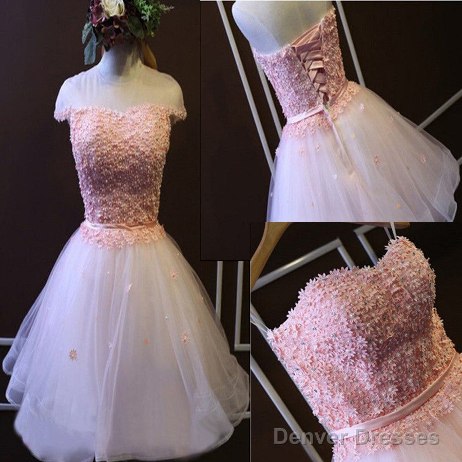 Pink  A-Line Strapless Sweetheart  Lace Beads Flower Appliques Lace Up Back Tulle Above Knee Length Homecoming Dress Main image