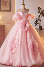 Pink A-Line Sweetheart Ball Gown Formal Dress with Flowers, Off the Shoulder Evening Party Dress