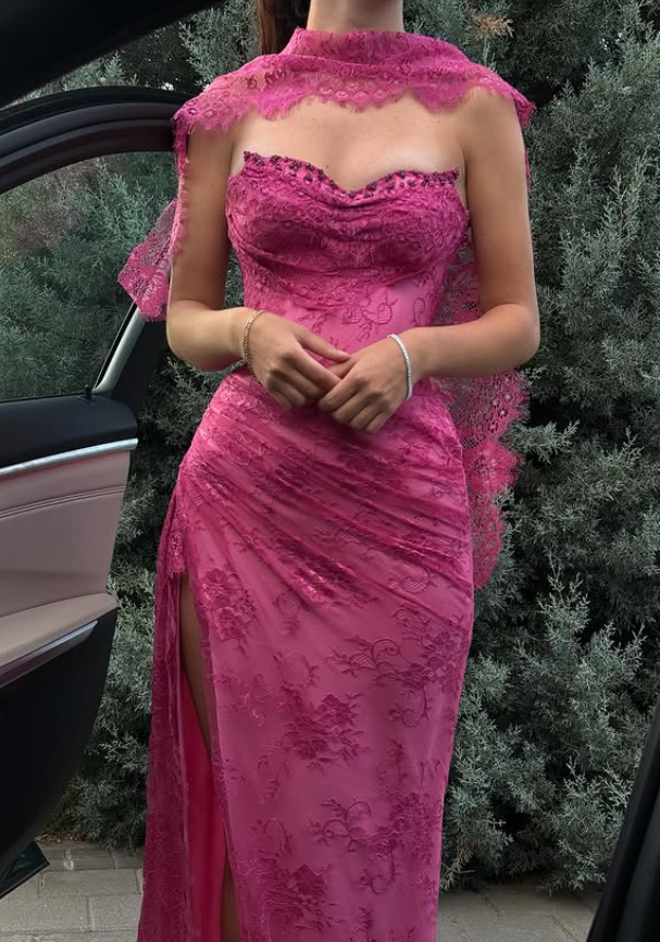 Pink A Line Sweetheart Neck Beaded Lace Prom Dress Evening Dress With Slit Secondary image