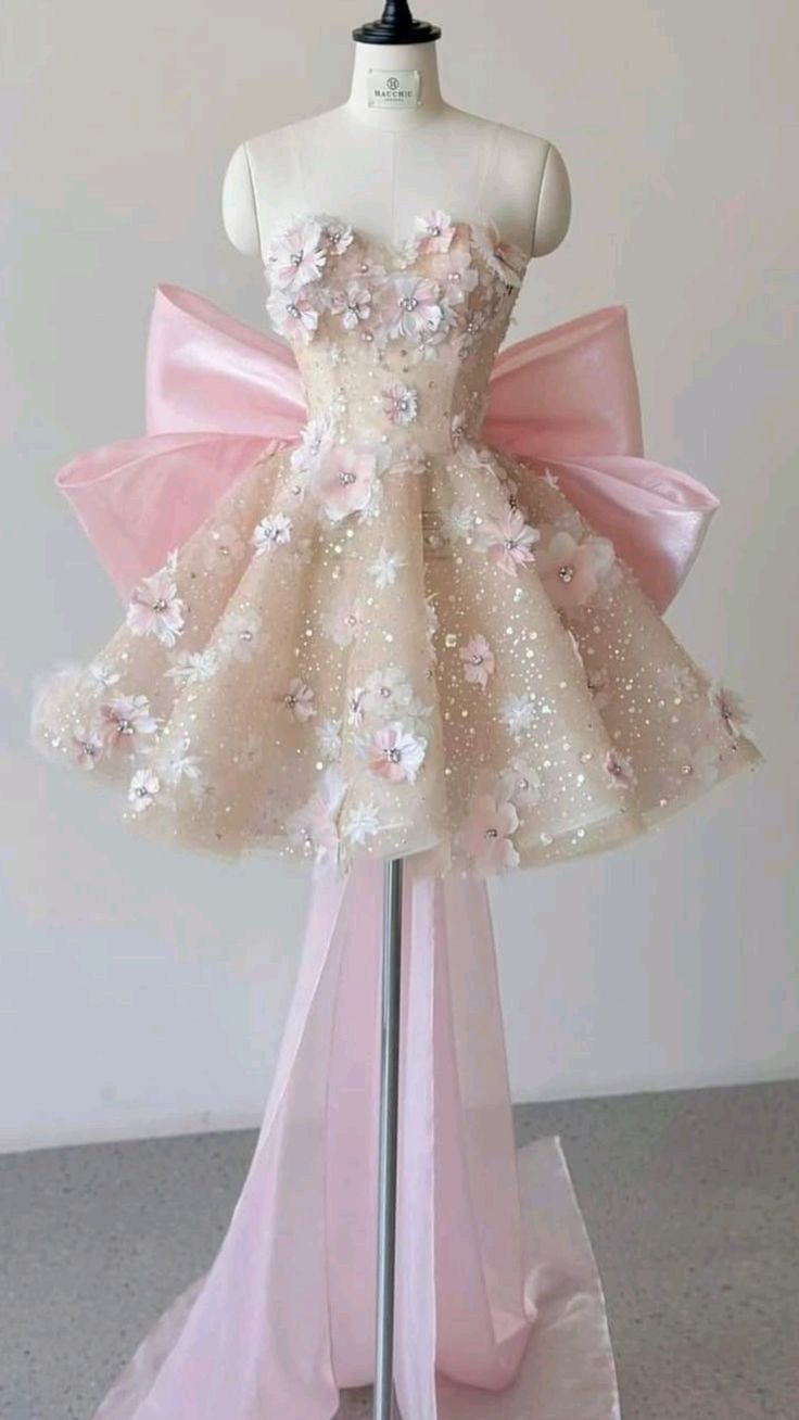 Pink A Line Sweetheart Neck Floral Sequin Tulle Homecoming Dress With Bow Main image