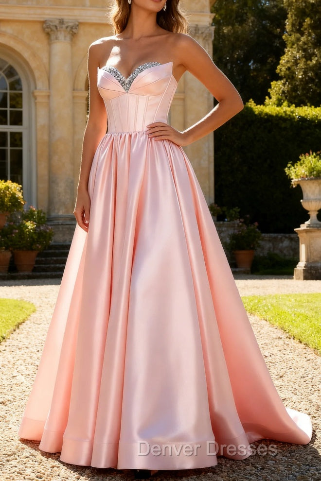 Pink A Line Sweetheart Satin Corset Long Prom Dress with Beading