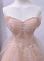 Pink A-Line Tulle Beaded Off Shoulder Long Party Dress, Pink Tulle Prom Dress