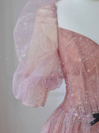 Pink A-line tulle lace long prom Dress, pink lace formal Dress