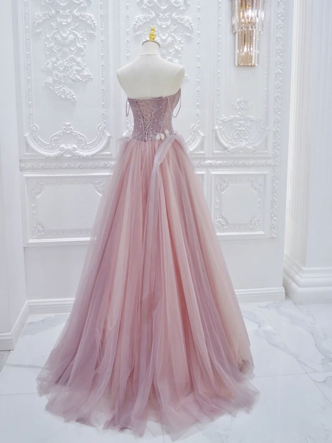 Pink A Line Tulle Lace Long Prom Dress, Pink Tulle Formal Dress