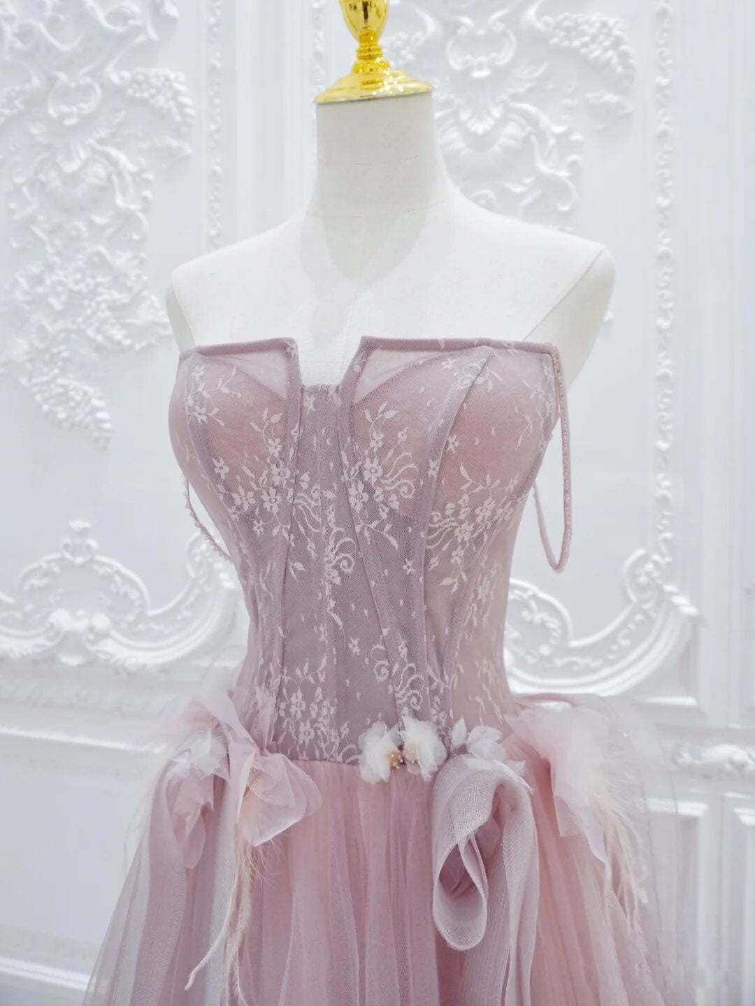 Pink A Line Tulle Lace Long Prom Dress, Pink Tulle Formal Dress
