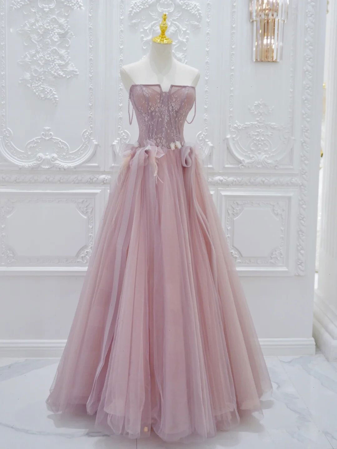 Pink A Line Tulle Lace Long Prom Dress, Pink Tulle Formal Dress Main image